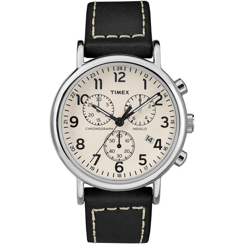 Timex Mens Weekender Chronograph 40mm Watch - White Dial/Black Leather Strap [TW2R42800JV]