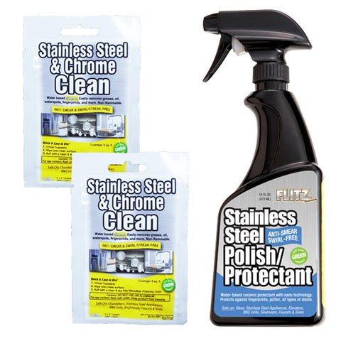Flitz Stainless Steel Polish 16oz Spray Bottle w/2 Stainless Steel  Chrome 8" x 8" Towelette Packets [SS01306SP01501]